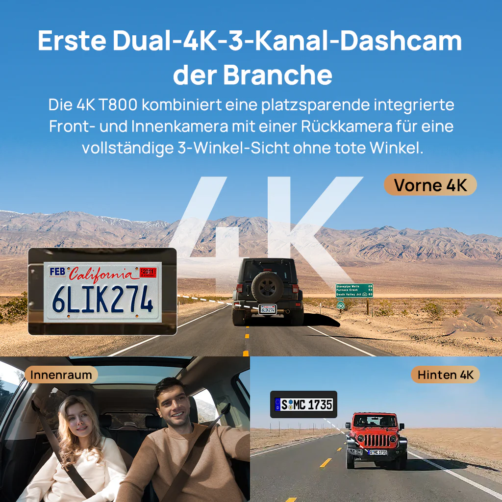 70mai Dash Cam 4K T800 3-Channel w/ Dual 4K, STARVIS 2 IMX678, HDR Night Vision, AI Detection, Emergency Record, 4G LTE & Supercapacitor - Image 3